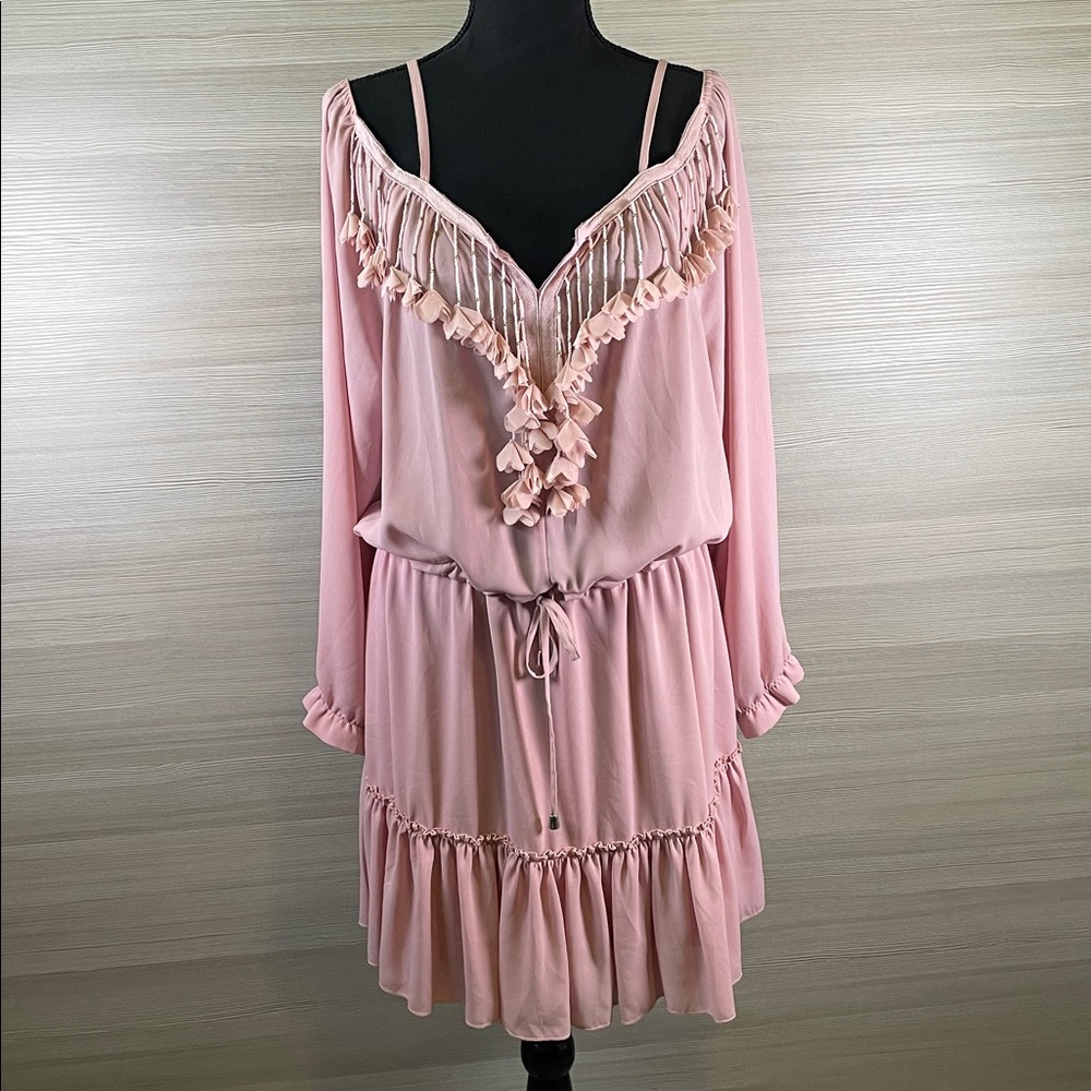 Casting Boho Blush Pink Dress with Tasseled Beaded Flowers Size Large
